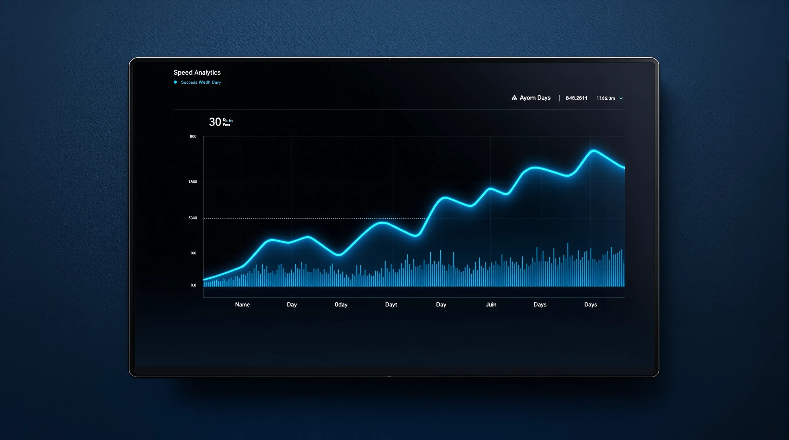 Hyper-detailed render of a dark-mode dashboard with a Dark Blue texture. A prominent line chart shows exponential growth with a glowing Teal line. An Orange digital text overlay reads '30 Days: +40% Qualified Leads'. Focus on sharp, data-driven aesthetics.